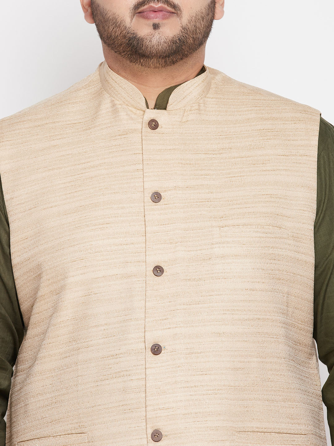 Vastramay mens plus size beige color solid jacket with mint green solid kurta and white pyjama set