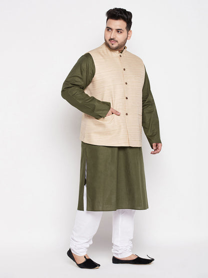 Vastramay mens plus size beige color solid jacket with mint green solid kurta and white pyjama set