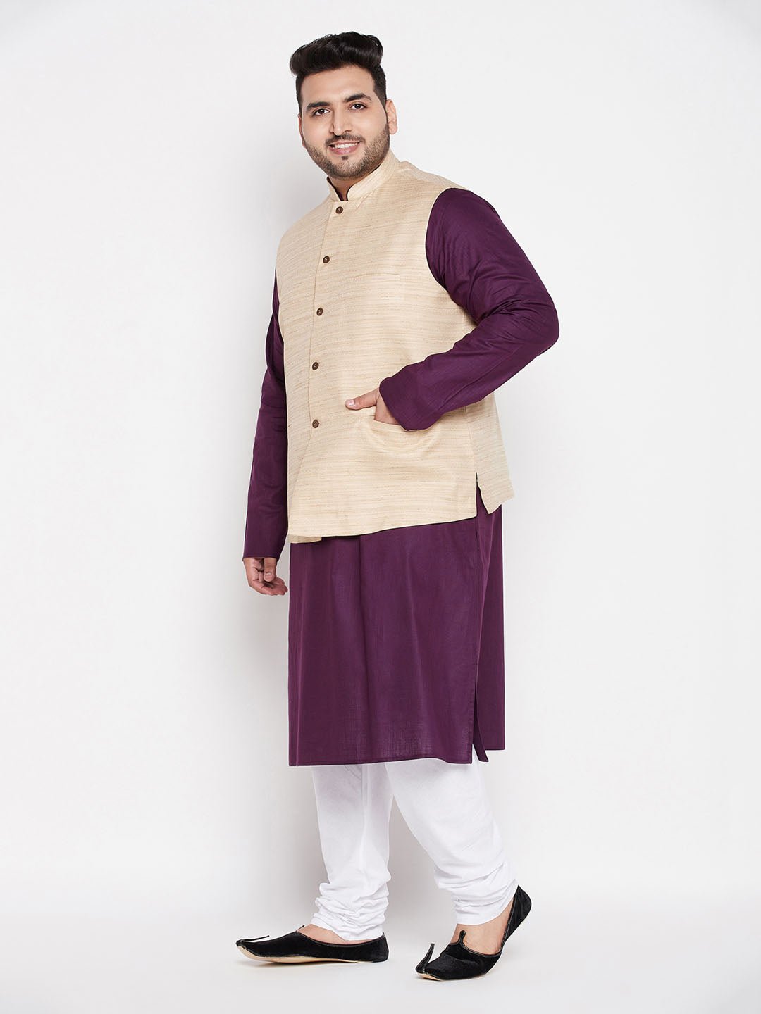 Vastramay mens plus size beige color solid jacket with purple solid kurta and white pyjama set