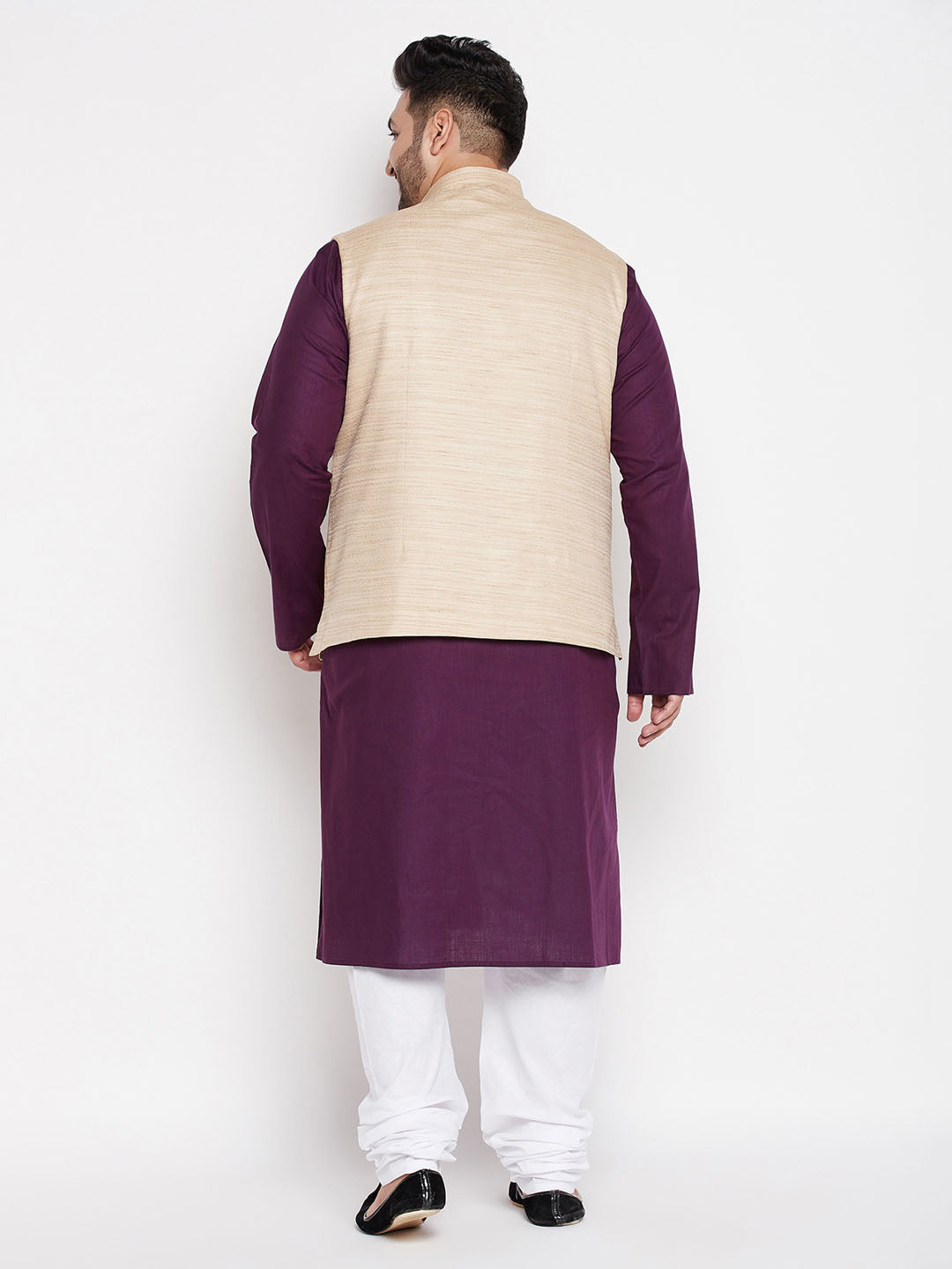 Vastramay mens plus size beige color solid jacket with purple solid kurta and white pyjama set