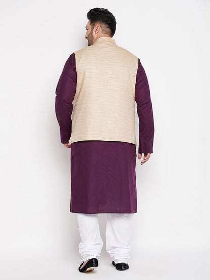 Vastramay mens plus size beige color solid jacket with purple solid kurta and white pyjama set