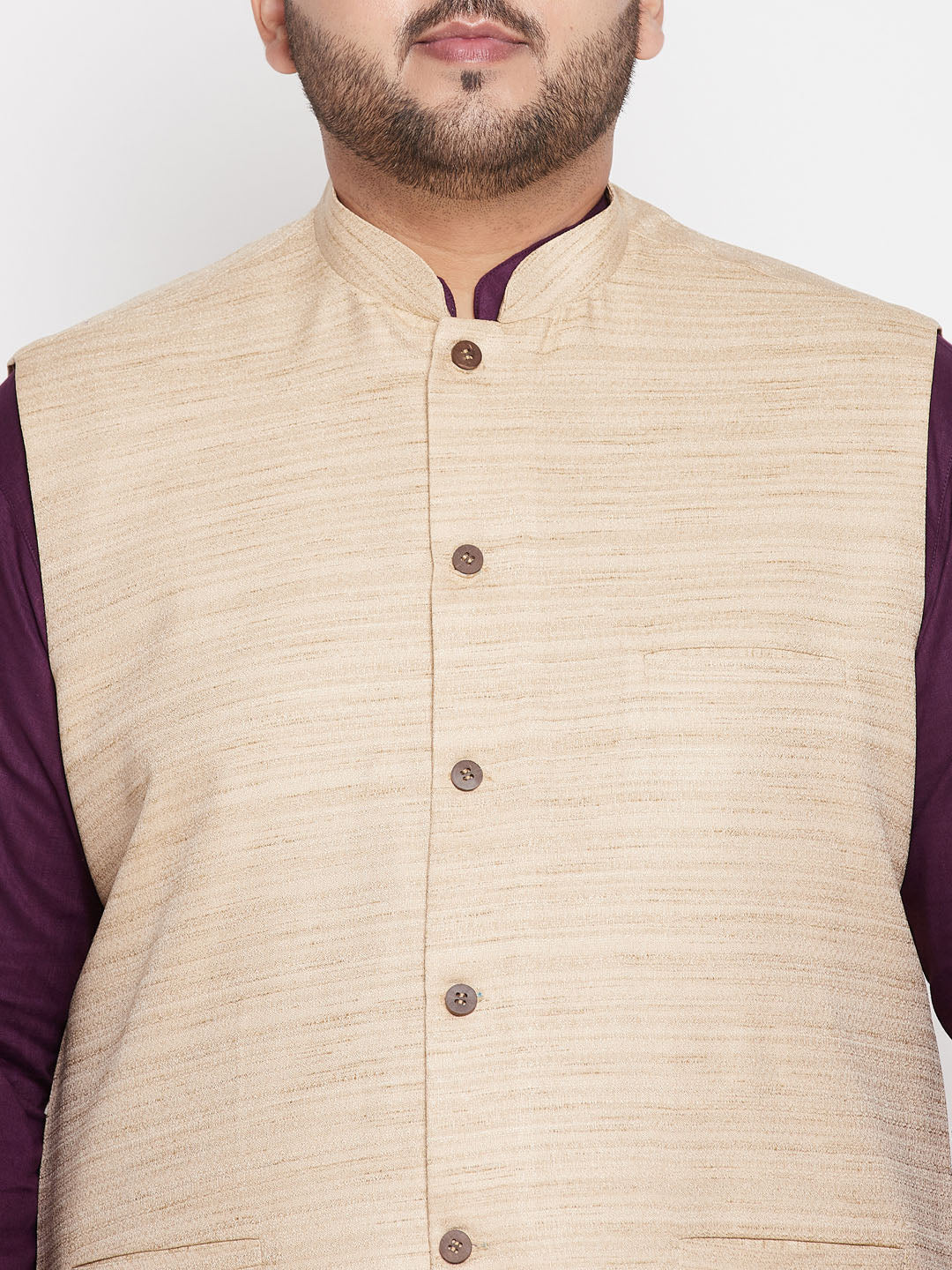 Vastramay mens plus size beige color solid jacket with purple solid kurta and white pyjama set