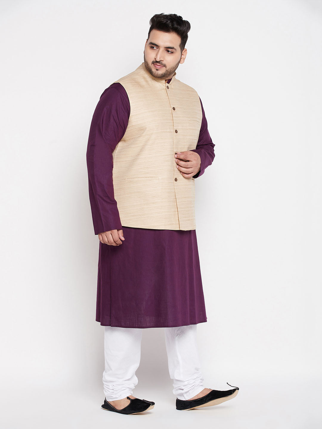 Vastramay mens plus size beige color solid jacket with purple solid kurta and white pyjama set