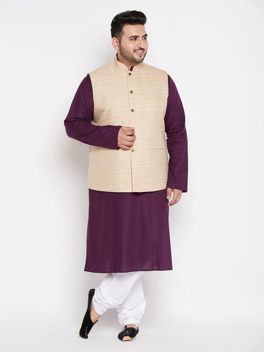 Vastramay mens plus size beige color solid jacket with purple solid kurta and white pyjama set