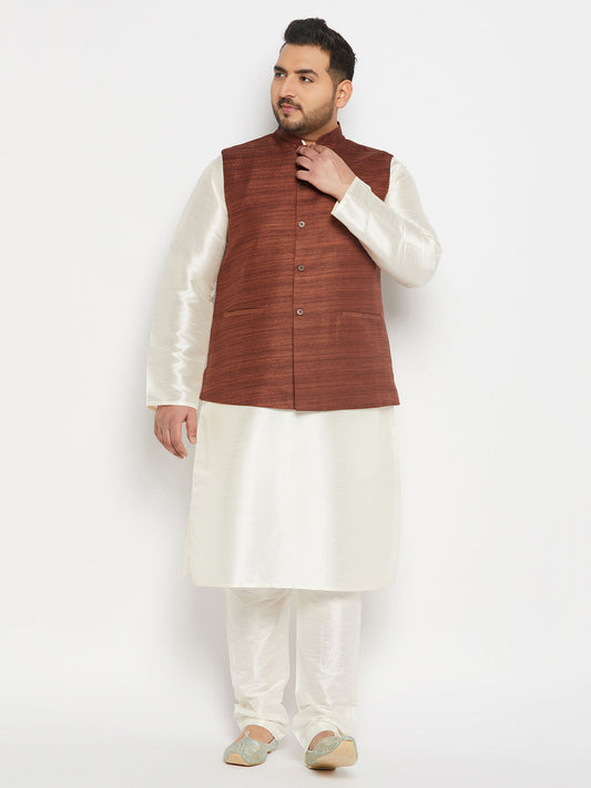 vastramay mens plus size coffee matka silk nehru jacket with cream silk blend kurta and pant style pyjama set