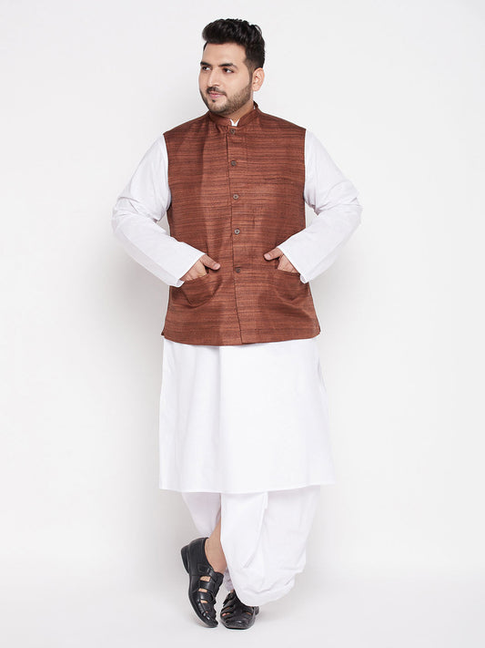 Vastramay mens plus size coffee color cotton blend jacket with white kurta and dhoti set