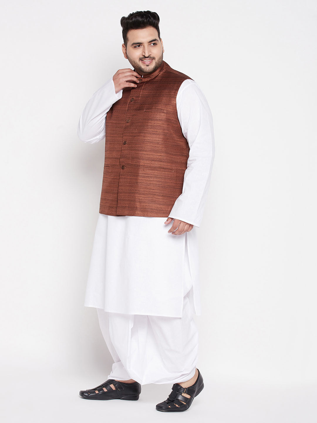 Vastramay mens plus size coffee color cotton blend jacket with white kurta and dhoti set