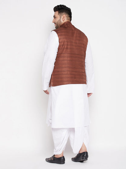 Vastramay mens plus size coffee color cotton blend jacket with white kurta and dhoti set