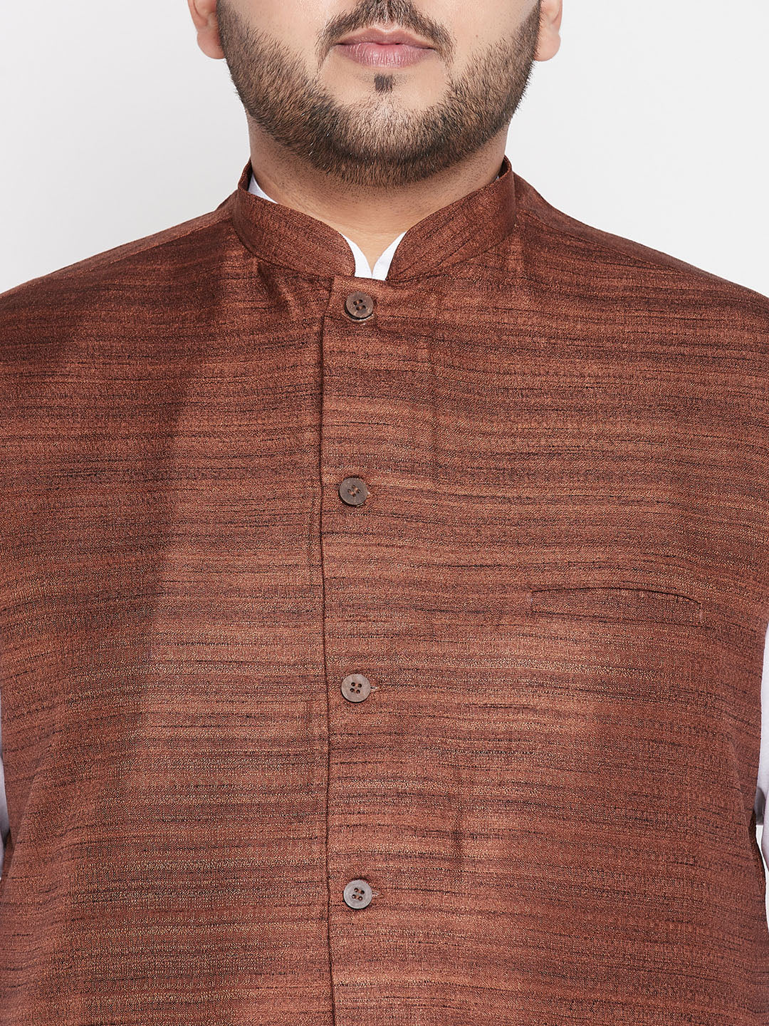 Vastramay mens plus size coffee color cotton blend jacket with white kurta and dhoti set