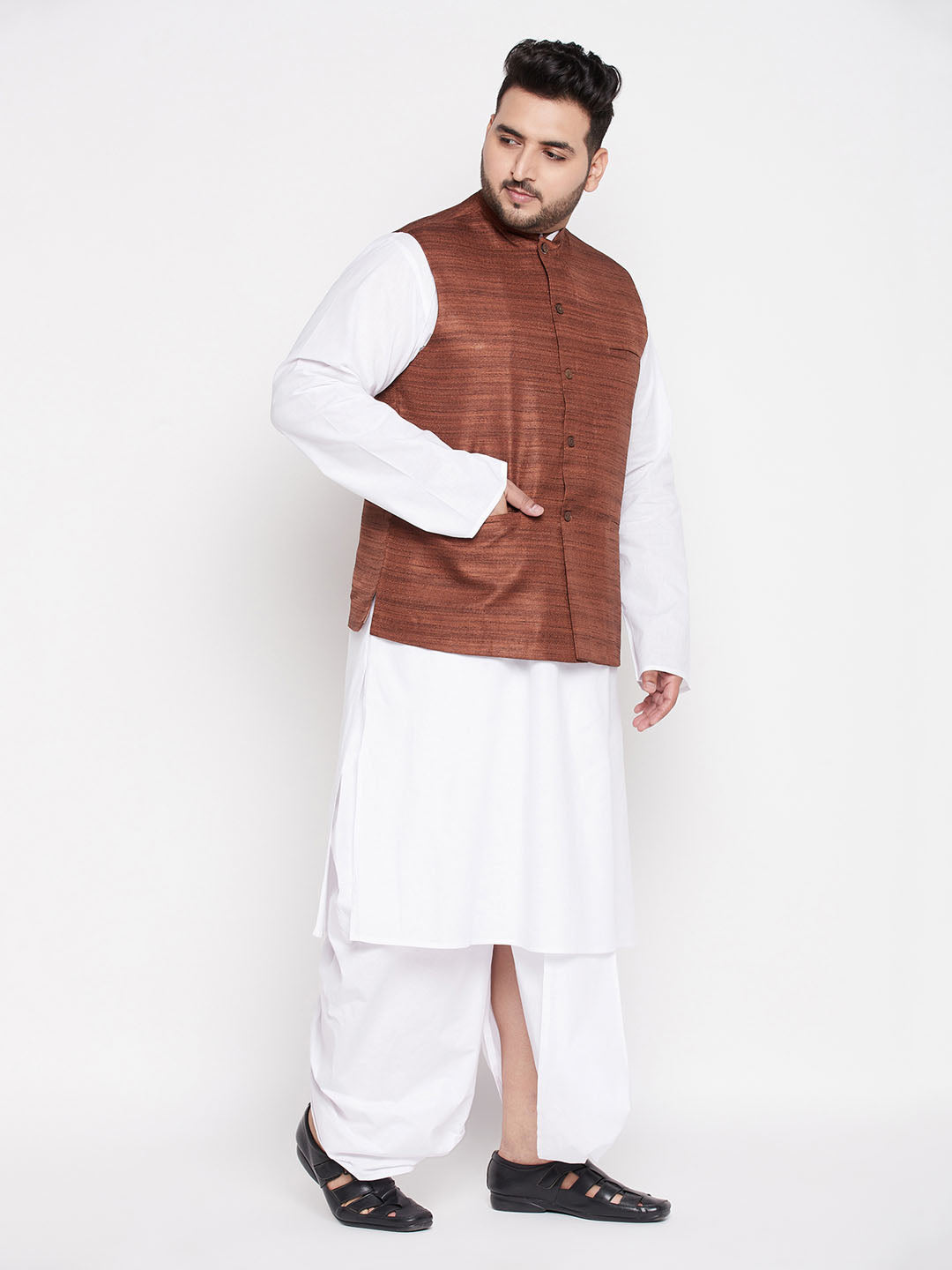 Vastramay mens plus size coffee color cotton blend jacket with white kurta and dhoti set