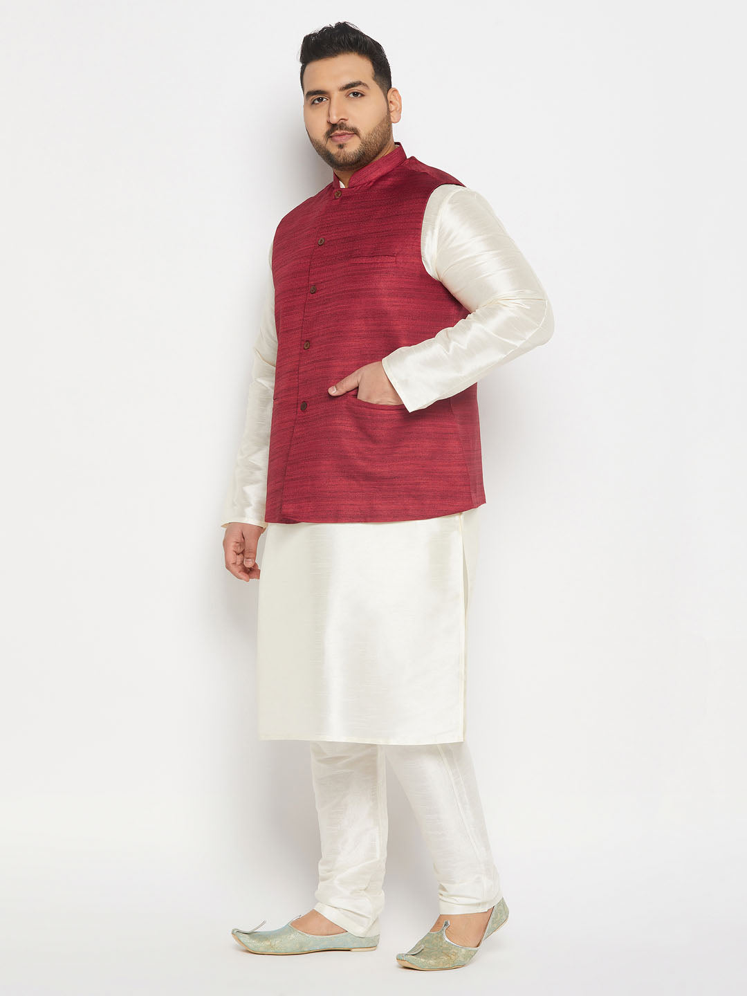 vastramay mens plus size maroon matka silk nehru jacket with cream silk blend kurta and pant style pyjama set