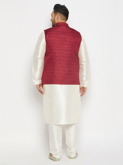 vastramay mens plus size maroon matka silk nehru jacket with cream silk blend kurta and pant style pyjama set