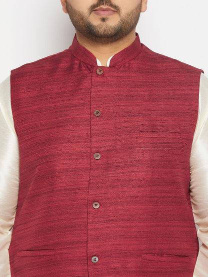 vastramay mens plus size maroon matka silk nehru jacket with cream silk blend kurta and pant style pyjama set