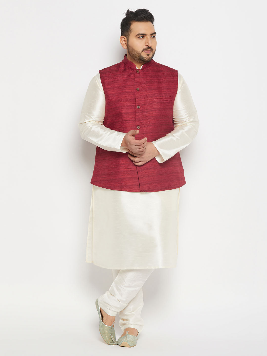 vastramay mens plus size maroon matka silk nehru jacket with cream silk blend kurta and pant style pyjama set