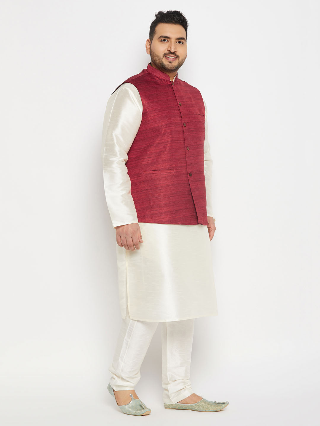 vastramay mens plus size maroon matka silk nehru jacket with cream silk blend kurta and pant style pyjama set