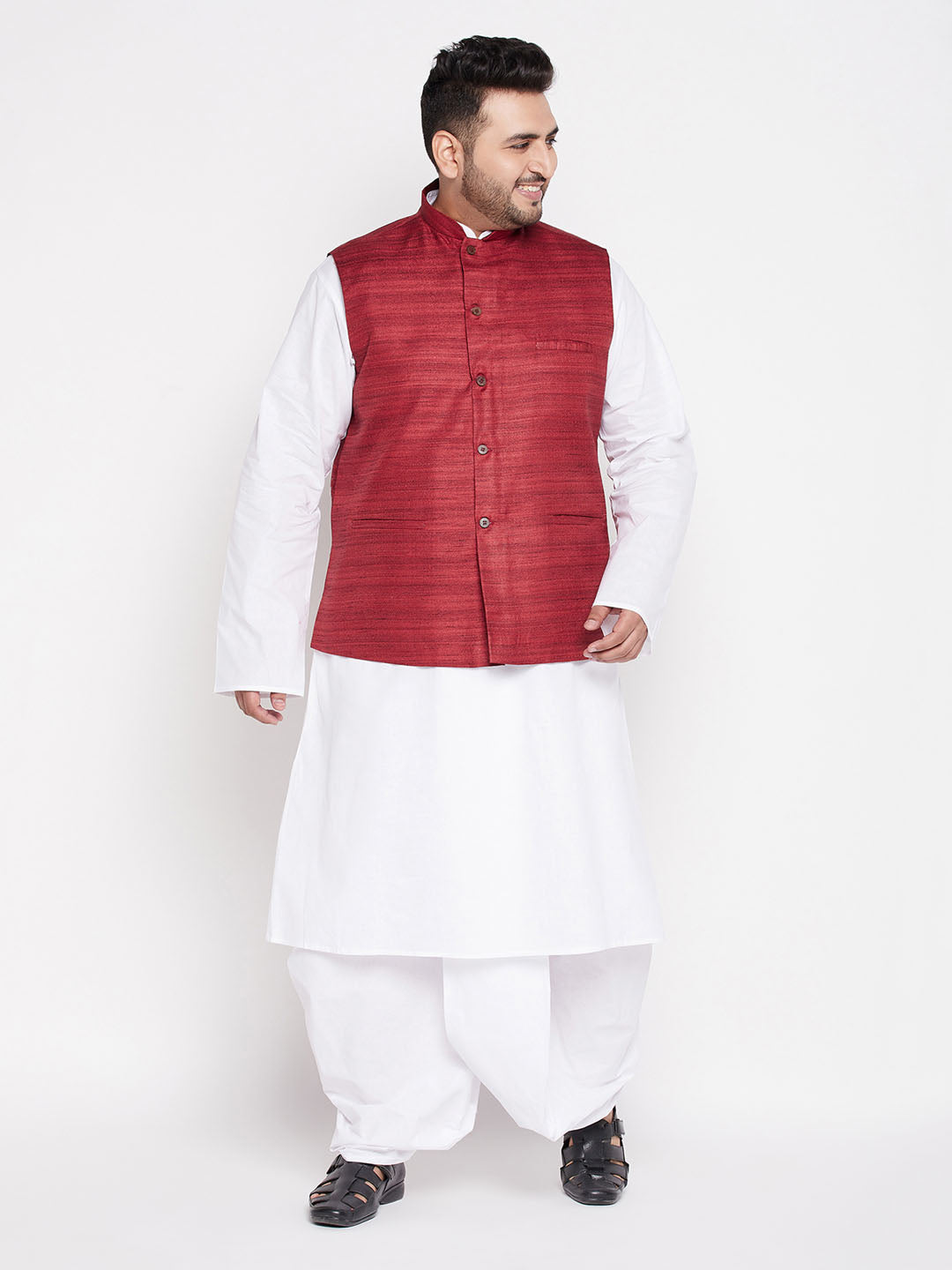 Vastramay mens plus size maroon color cotton blend jacket with white kurta and dhoti set