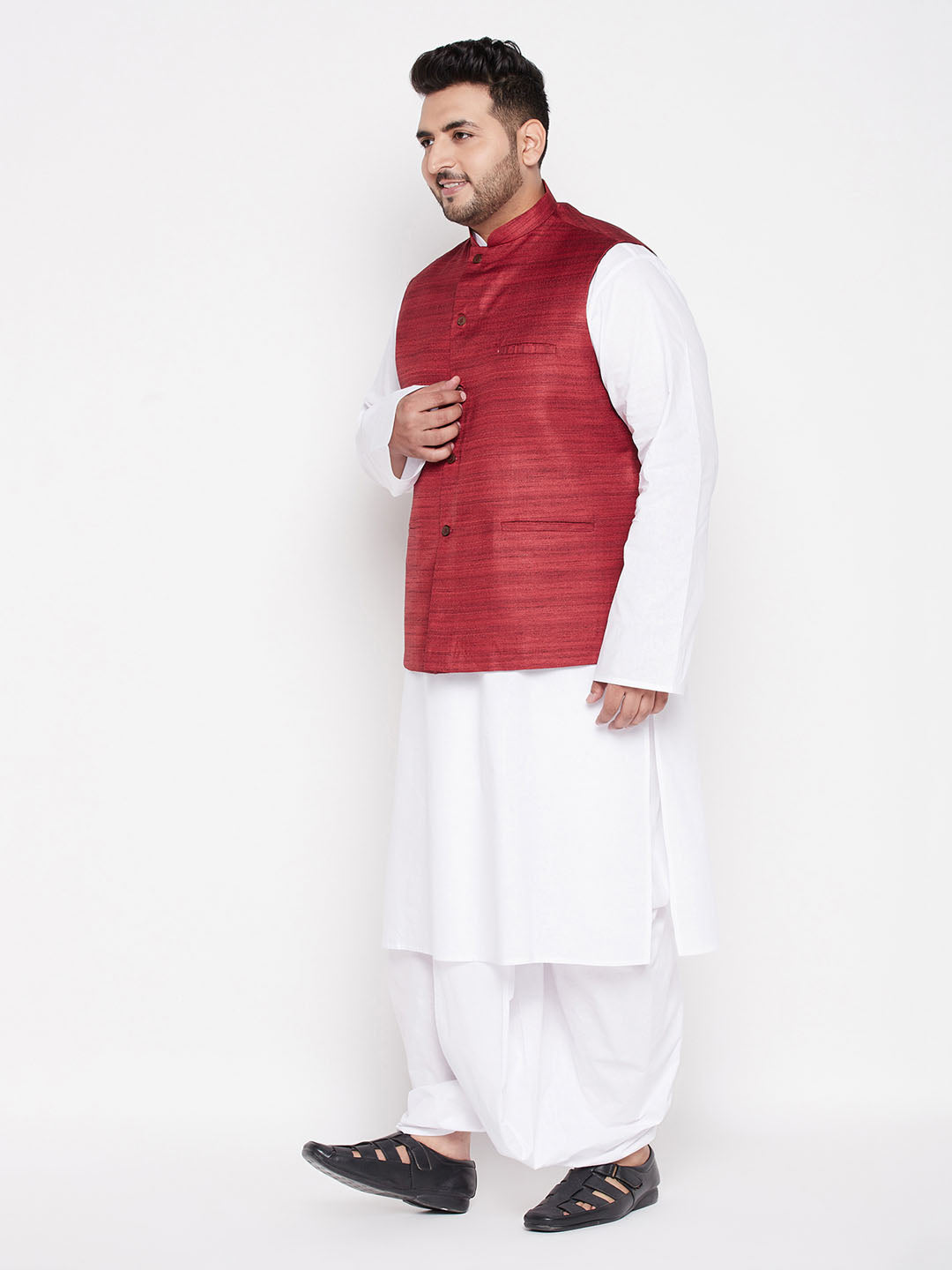 Vastramay mens plus size maroon color cotton blend jacket with white kurta and dhoti set