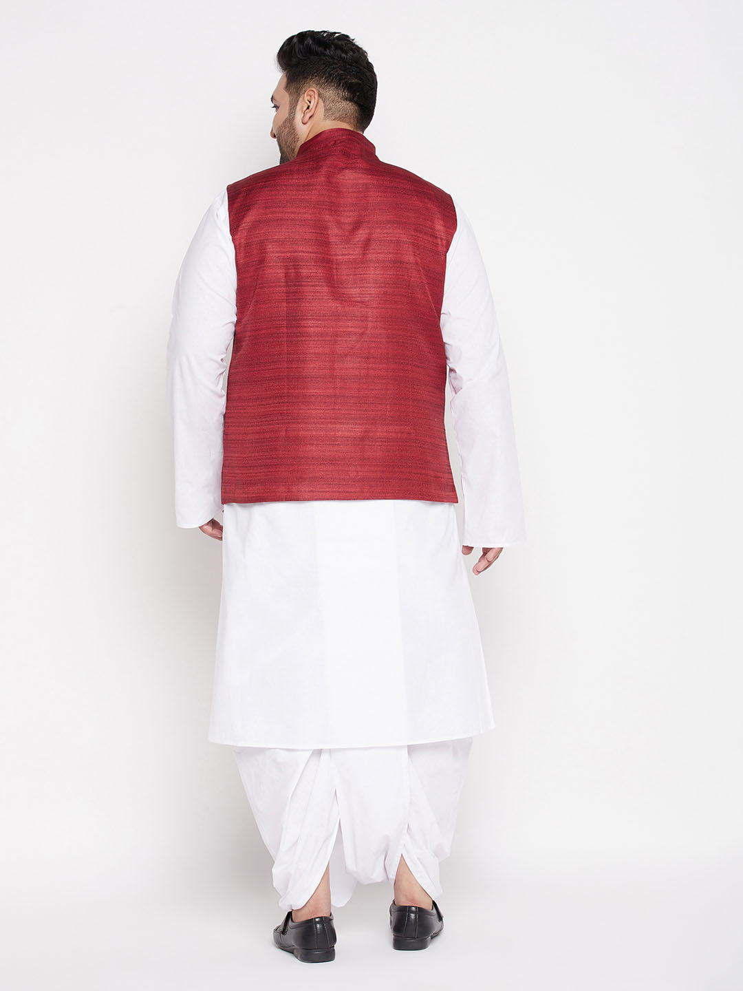 Vastramay mens plus size maroon color cotton blend jacket with white kurta and dhoti set