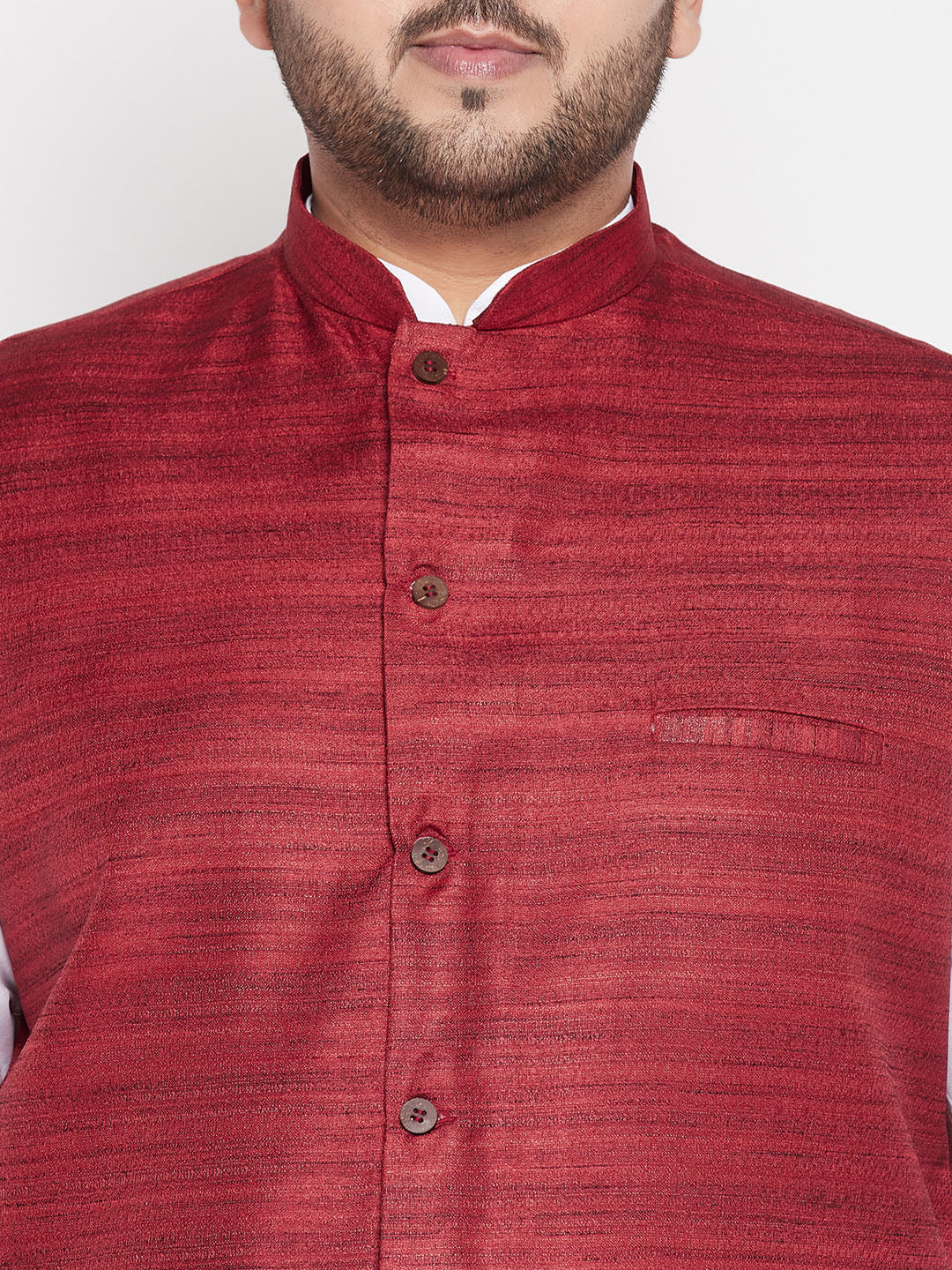 Vastramay mens plus size maroon color cotton blend jacket with white kurta and dhoti set