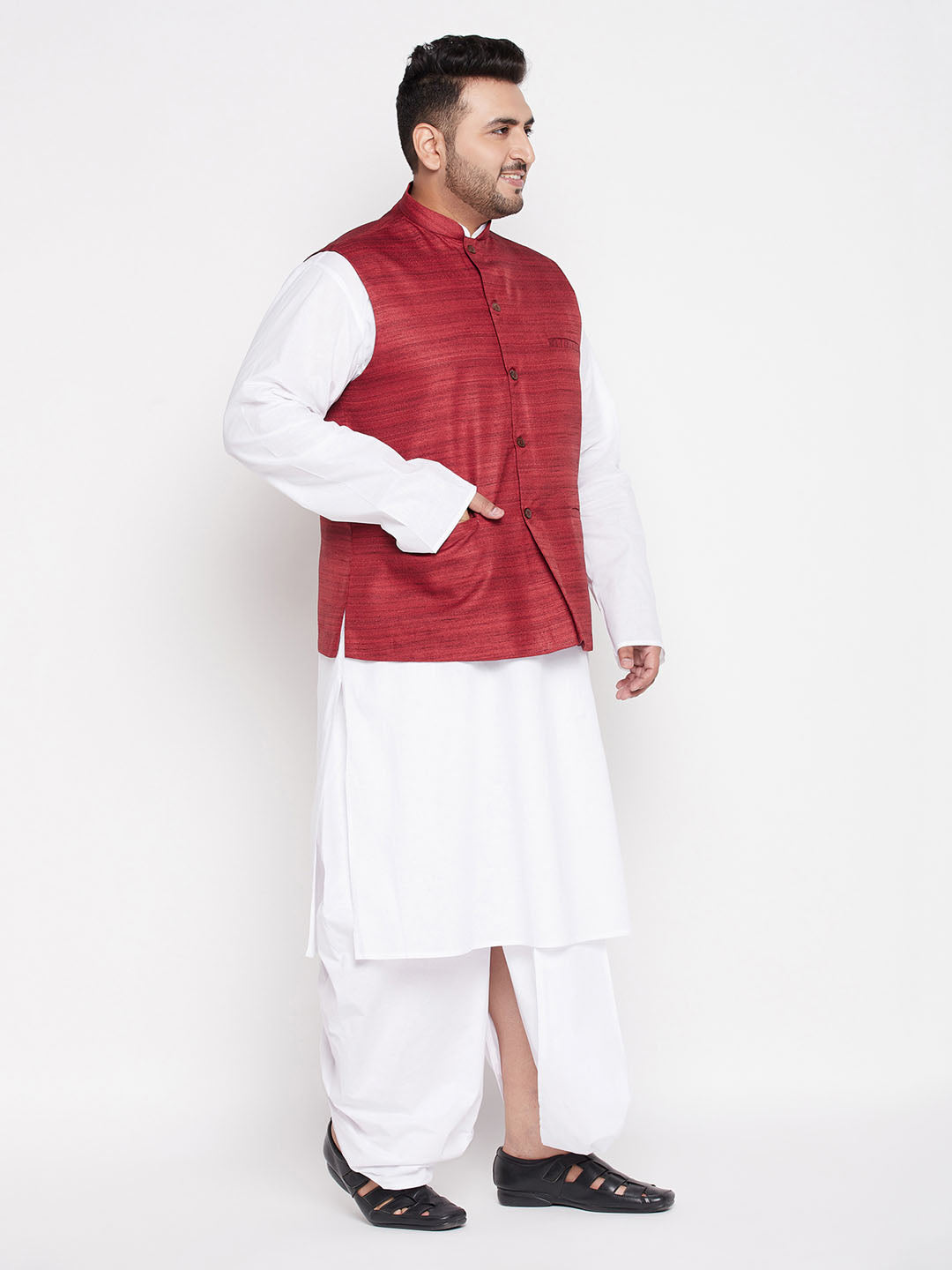 Vastramay mens plus size maroon color cotton blend jacket with white kurta and dhoti set