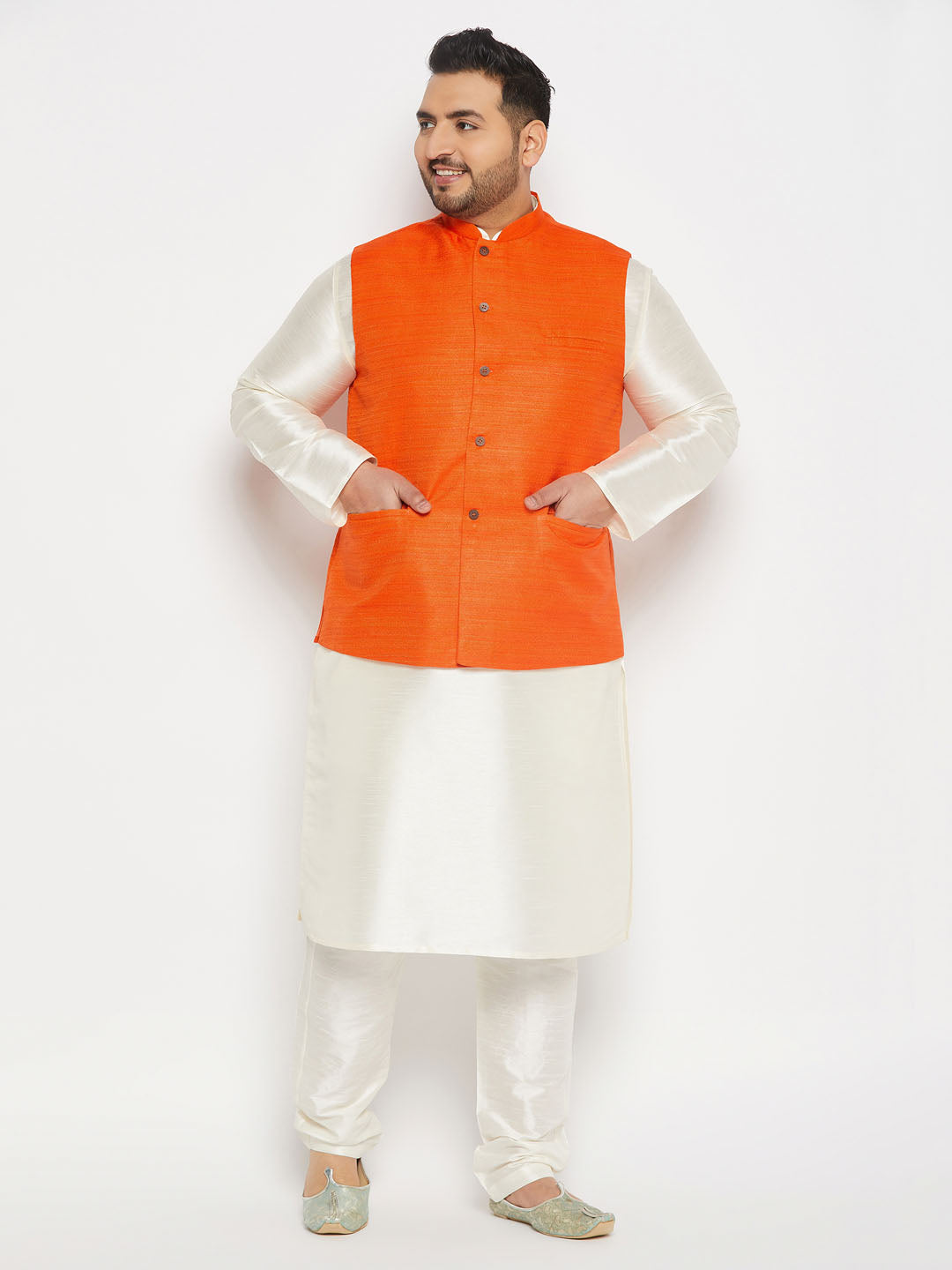 Vastramay mens plus size orange matka silk nehru jacket with cream silk blend kurta and pant style pyjama set