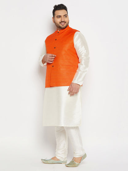 Vastramay mens plus size orange matka silk nehru jacket with cream silk blend kurta and pant style pyjama set