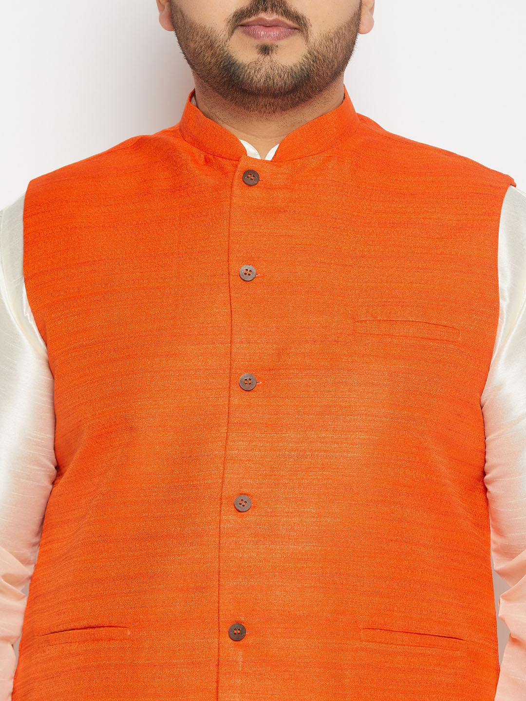 Vastramay mens plus size orange matka silk nehru jacket with cream silk blend kurta and pant style pyjama set