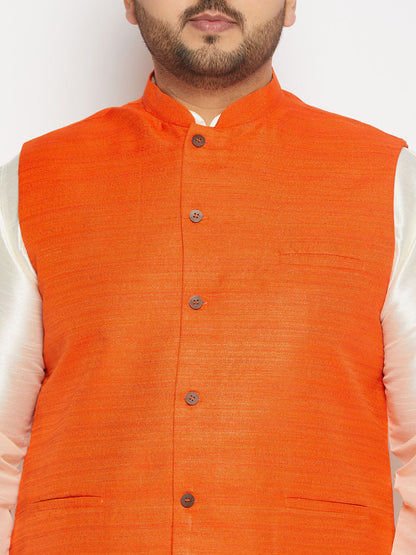 Vastramay mens plus size orange matka silk nehru jacket with cream silk blend kurta and pant style pyjama set