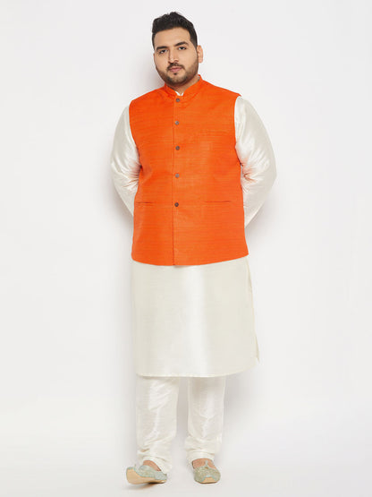 Vastramay mens plus size orange matka silk nehru jacket with cream silk blend kurta and pant style pyjama set