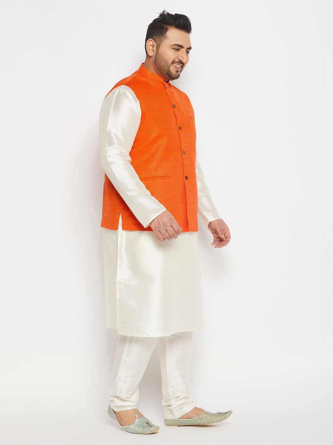 Vastramay mens plus size orange matka silk nehru jacket with cream silk blend kurta and pant style pyjama set