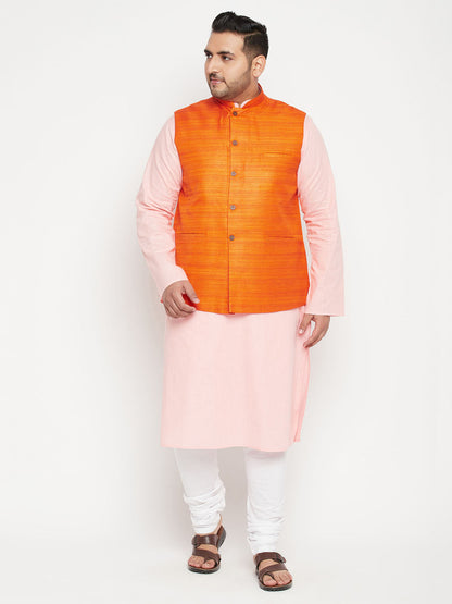 Vastramay PLUS Men's Pink Kurta And White Pyjama With Orange Nehru Jacket Set