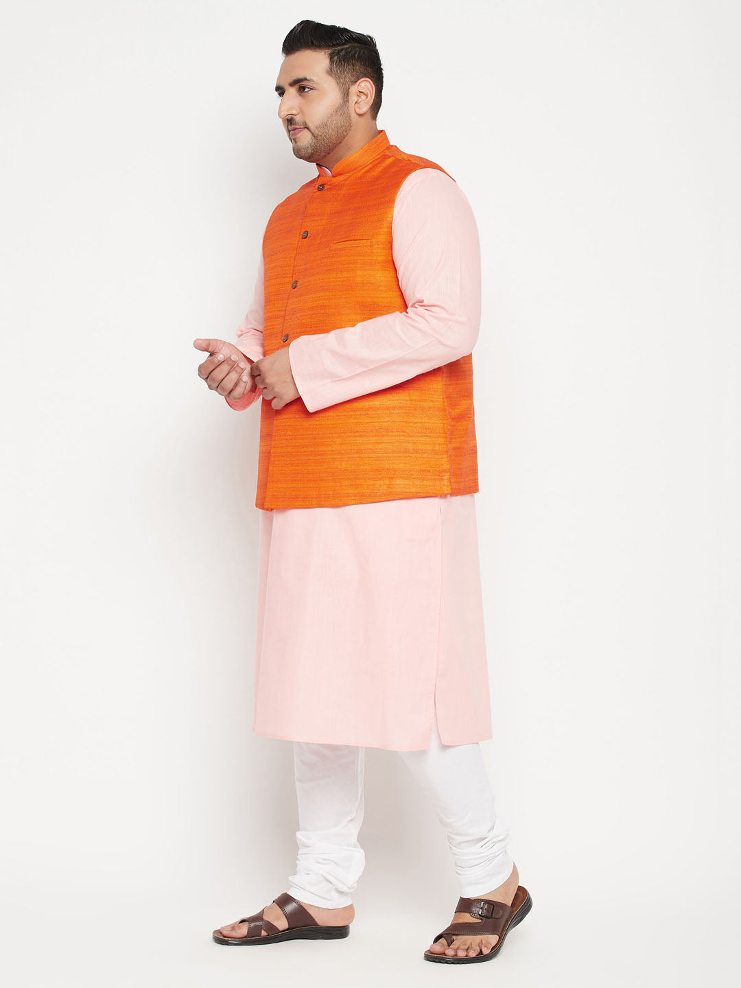 Vastramay PLUS Men's Pink Kurta And White Pyjama With Orange Nehru Jacket Set