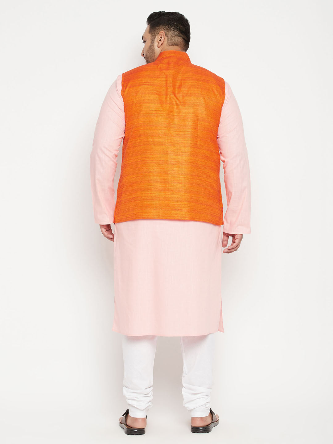 Vastramay PLUS Men's Pink Kurta And White Pyjama With Orange Nehru Jacket Set