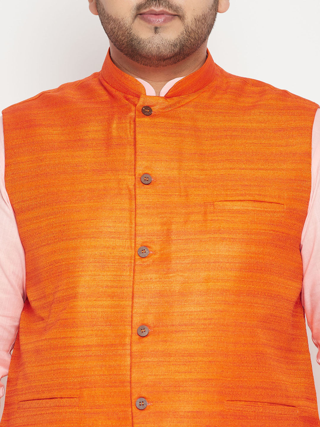 Vastramay PLUS Men's Pink Kurta And White Pyjama With Orange Nehru Jacket Set