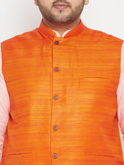 Vastramay PLUS Men's Pink Kurta And White Pyjama With Orange Nehru Jacket Set