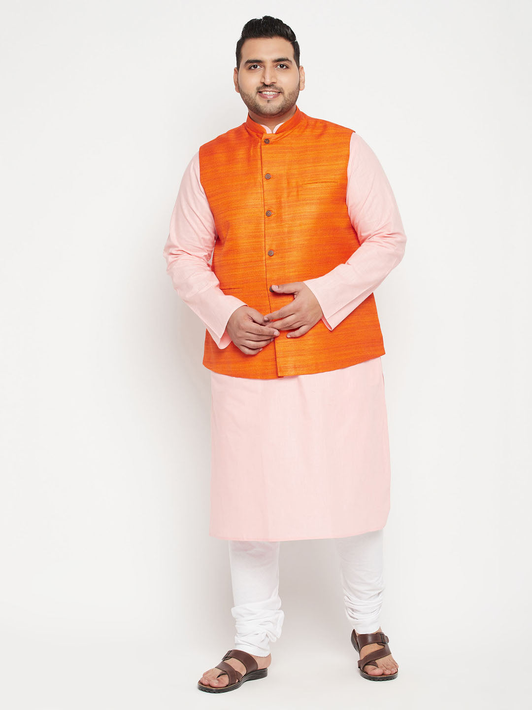 Vastramay PLUS Men's Pink Kurta And White Pyjama With Orange Nehru Jacket Set