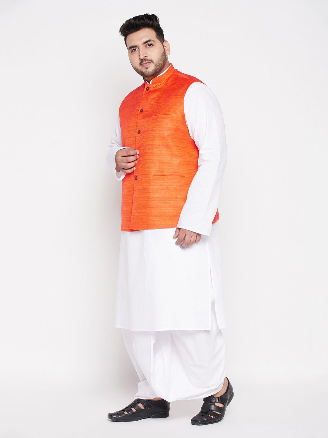 Vastramay mens plus size orange color cotton blend jacket with white kurta and dhoti set