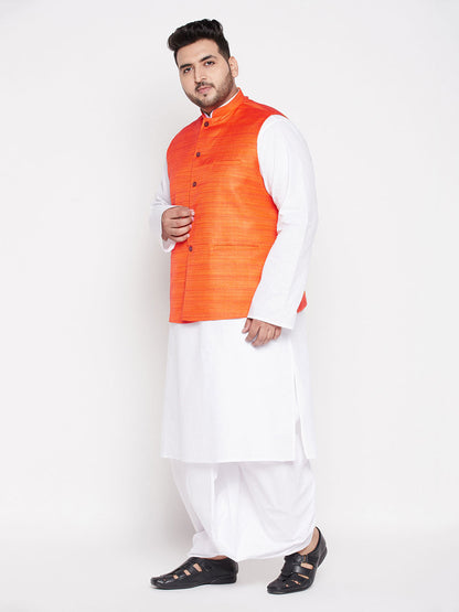 Vastramay mens plus size orange color cotton blend jacket with white kurta and dhoti set