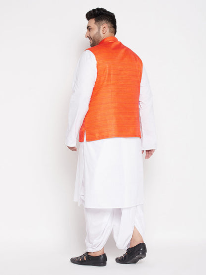 Vastramay mens plus size orange color cotton blend jacket with white kurta and dhoti set