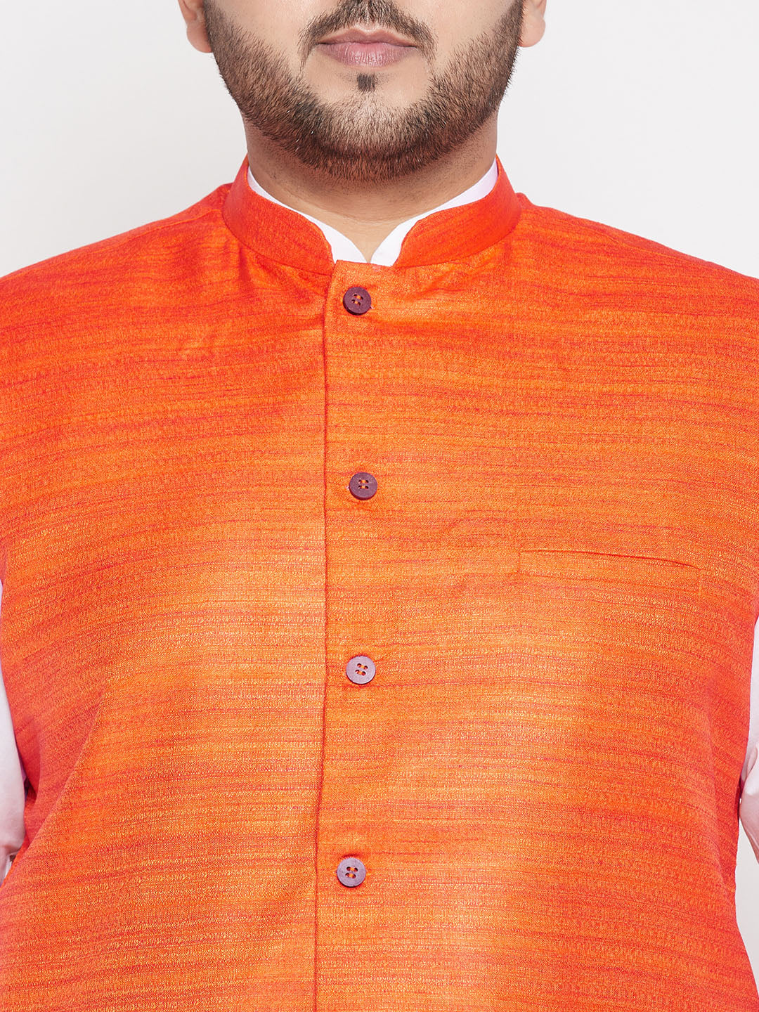 Vastramay mens plus size orange color cotton blend jacket with white kurta and dhoti set