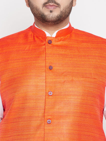 Vastramay mens plus size orange color cotton blend jacket with white kurta and dhoti set