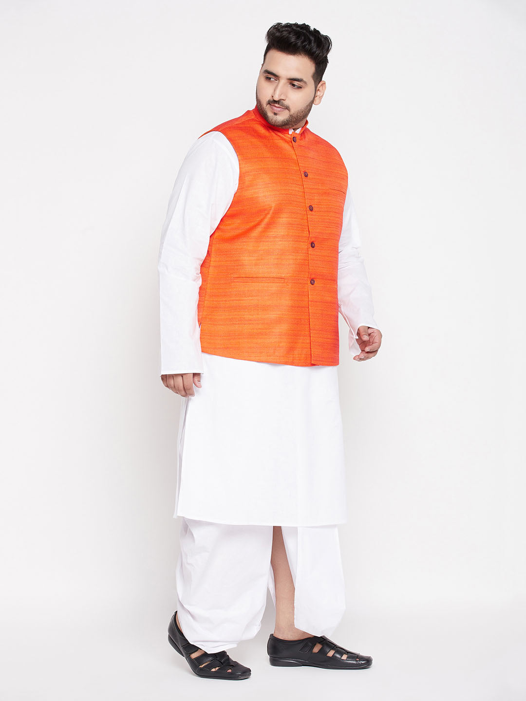 Vastramay mens plus size orange color cotton blend jacket with white kurta and dhoti set