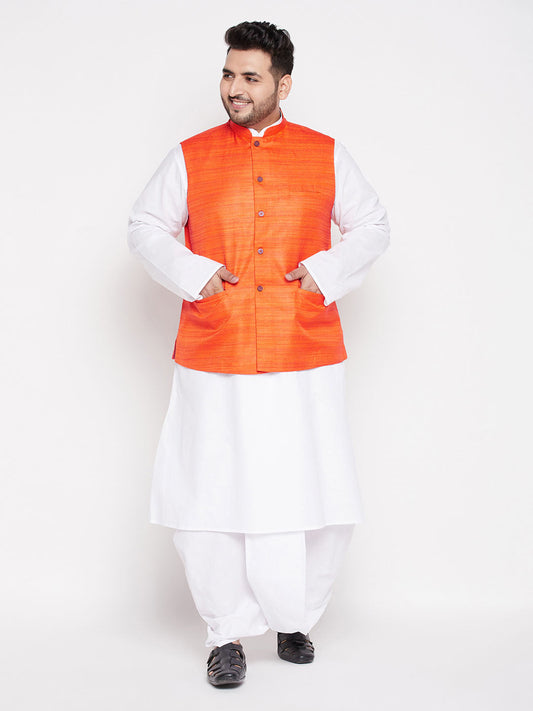 Vastramay mens plus size orange color cotton blend jacket with white kurta and dhoti set