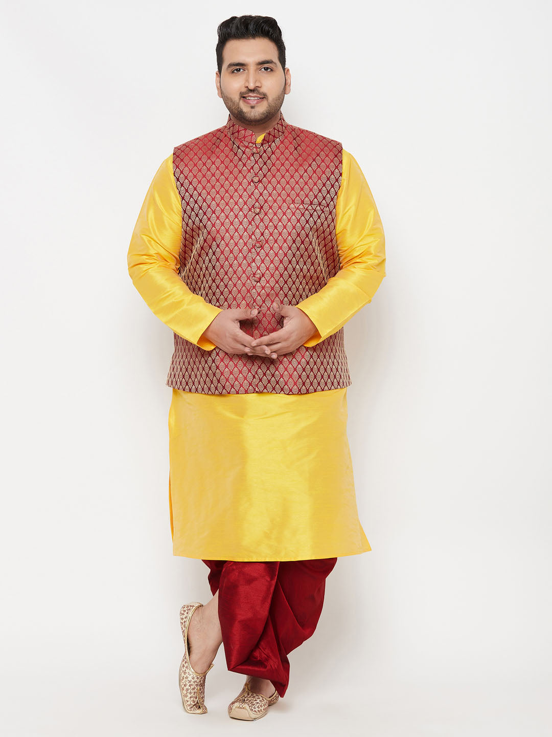 Vastramay plus mens maroon nehru jacket with yellow kurta and maroon dhoti set