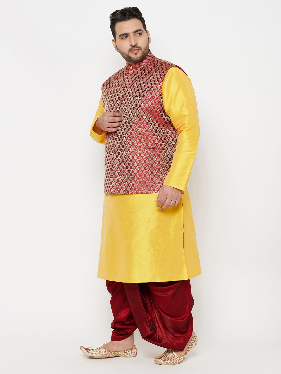 Vastramay plus mens maroon nehru jacket with yellow kurta and maroon dhoti set