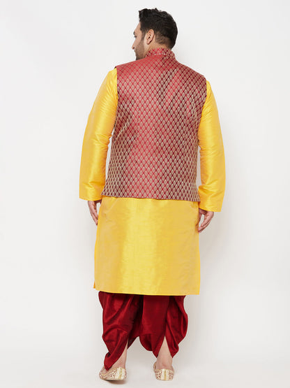 Vastramay plus mens maroon nehru jacket with yellow kurta and maroon dhoti set