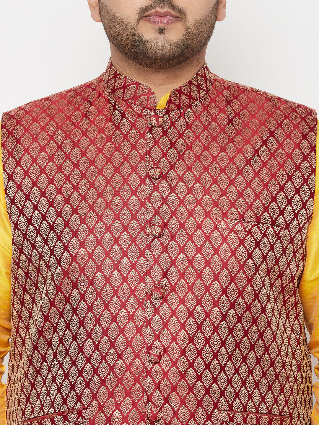 Vastramay plus mens maroon nehru jacket with yellow kurta and maroon dhoti set