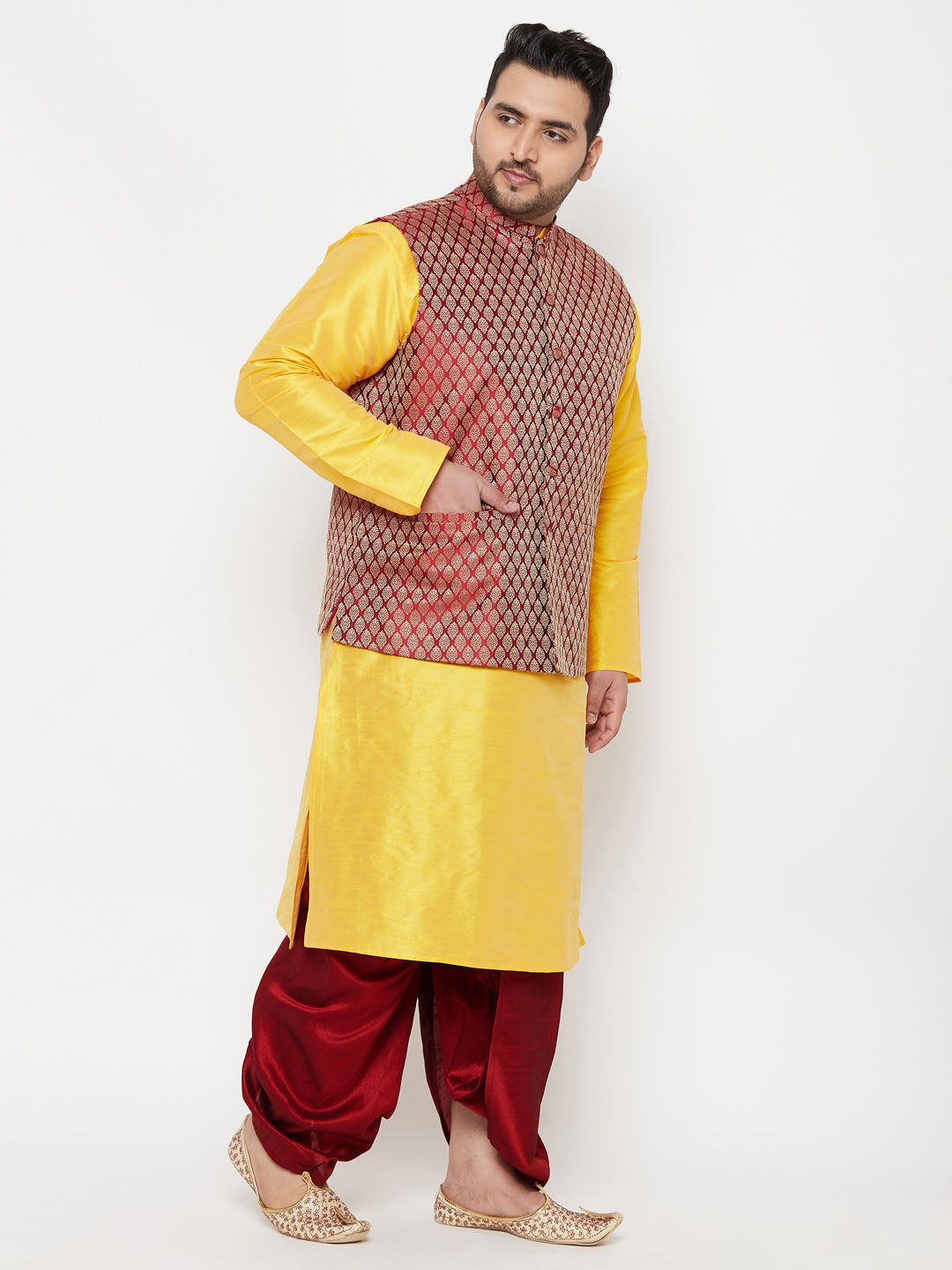 Vastramay plus mens maroon nehru jacket with yellow kurta and maroon dhoti set