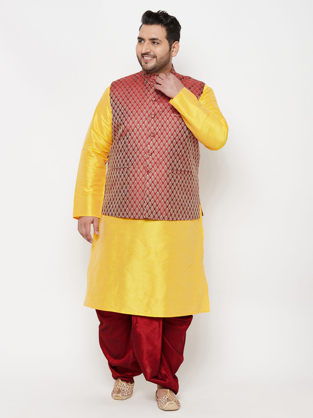 Vastramay PLUS Men's Maroon Nehru Jacket With Yellow Kurta And Maroon Dhoti Set