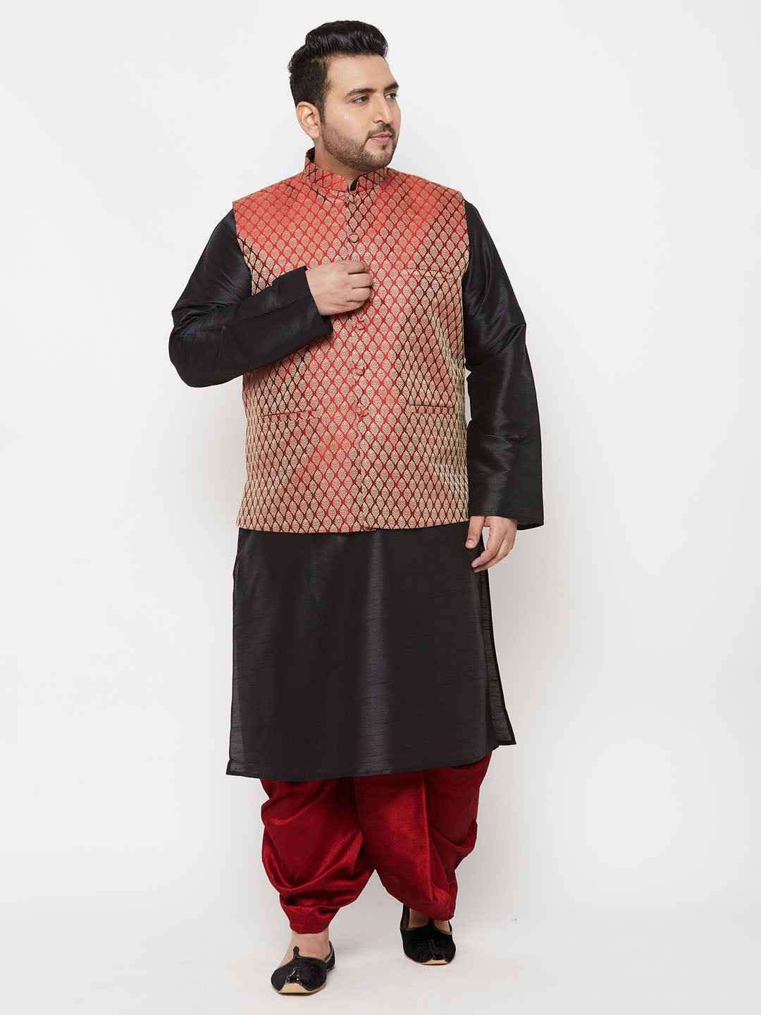 Vastramay plus mens maroon nehru jacket with black kurta and maroon dhoti set